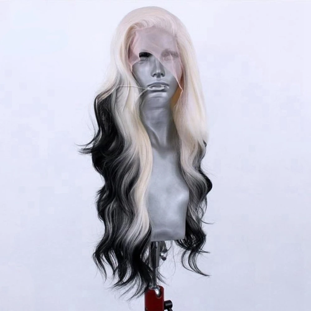 أسود أبيض أومبير الاصطناعية الدانتيل الجبهة الباروكة 2 لهجة الألوان طويل متموج الشعر الحرارة موافق #2