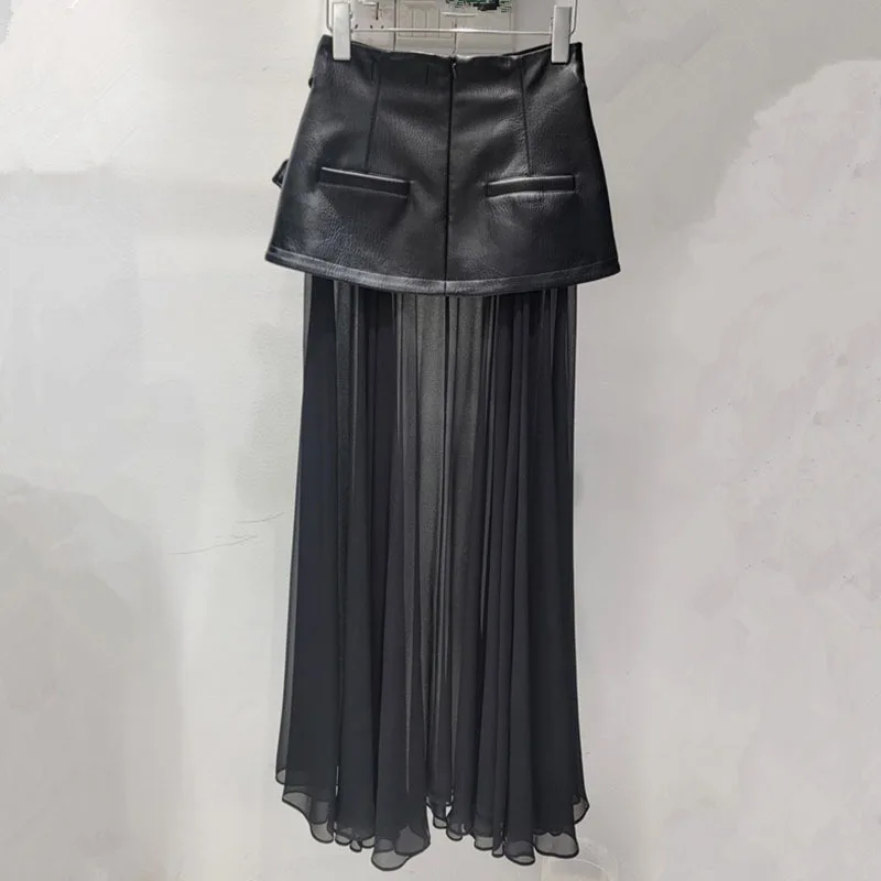 DEAT 2024 Autumn New Collection Fashion Women\'s Mesh Splicing PU Leather Long Skirt High Waist Solid Color A-line Skirts 29L8139