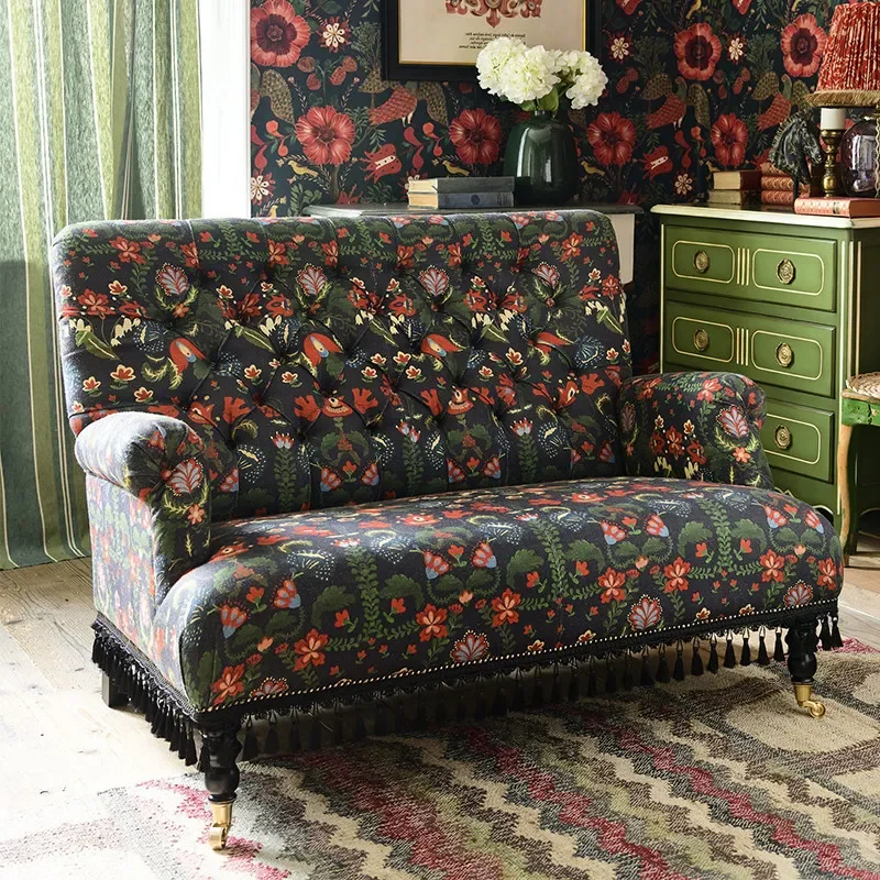 Xx French Fabric Double Sofa B & B Living Room Solid Wood Printed Sofa Antique Style