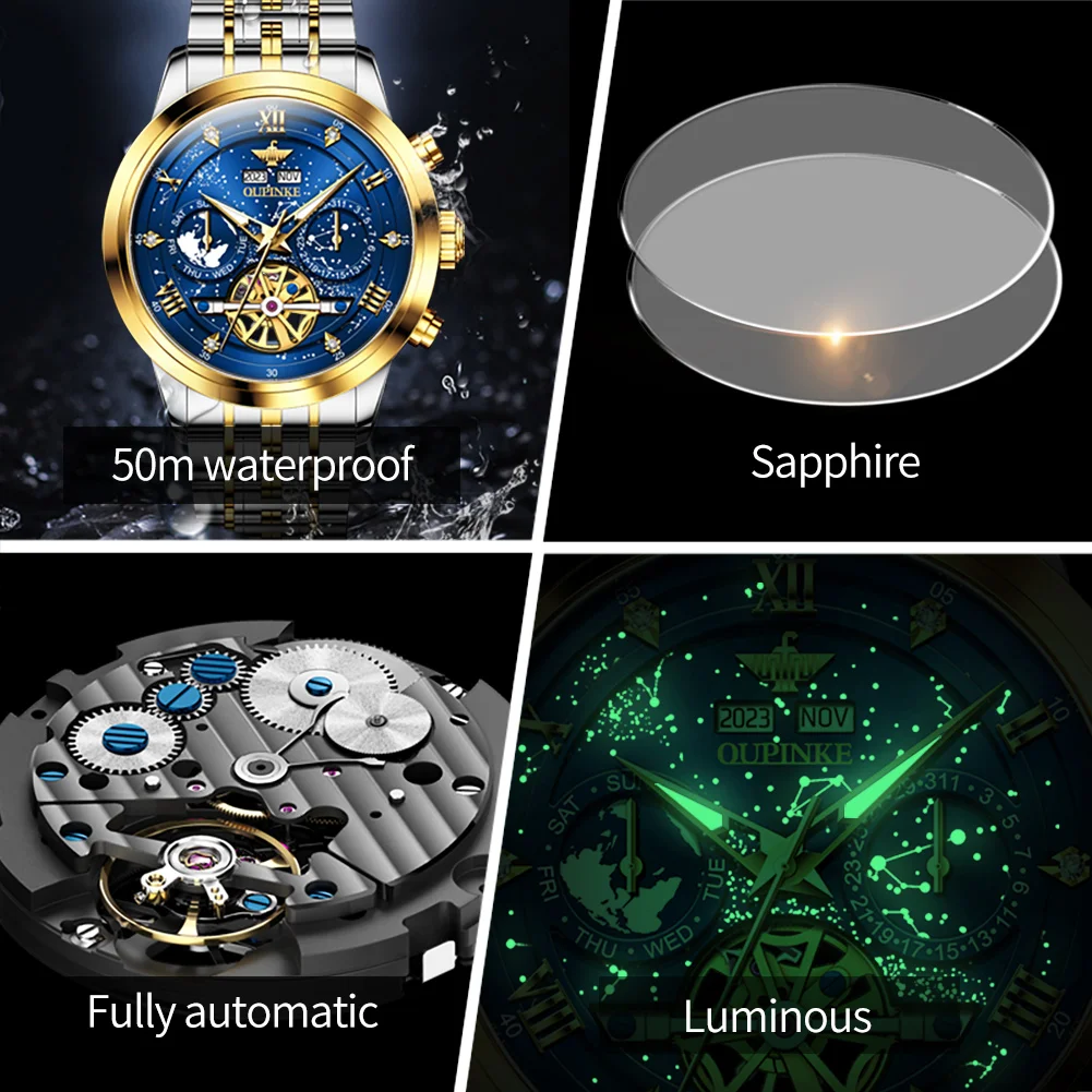 OUPINKE Original Skeleton Flywheel Fully Automatic Watch for Men Luxury Top Brand Diamond Lap Starry Men\'s Mechanical Wristwatch