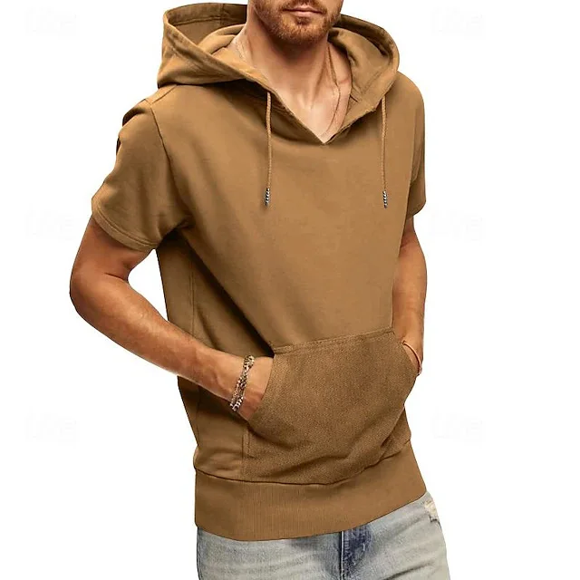 Men's Summer Casual Short Sleeve Commuter Simple Versatile Hooded Outdoor Sports Quick-Drying