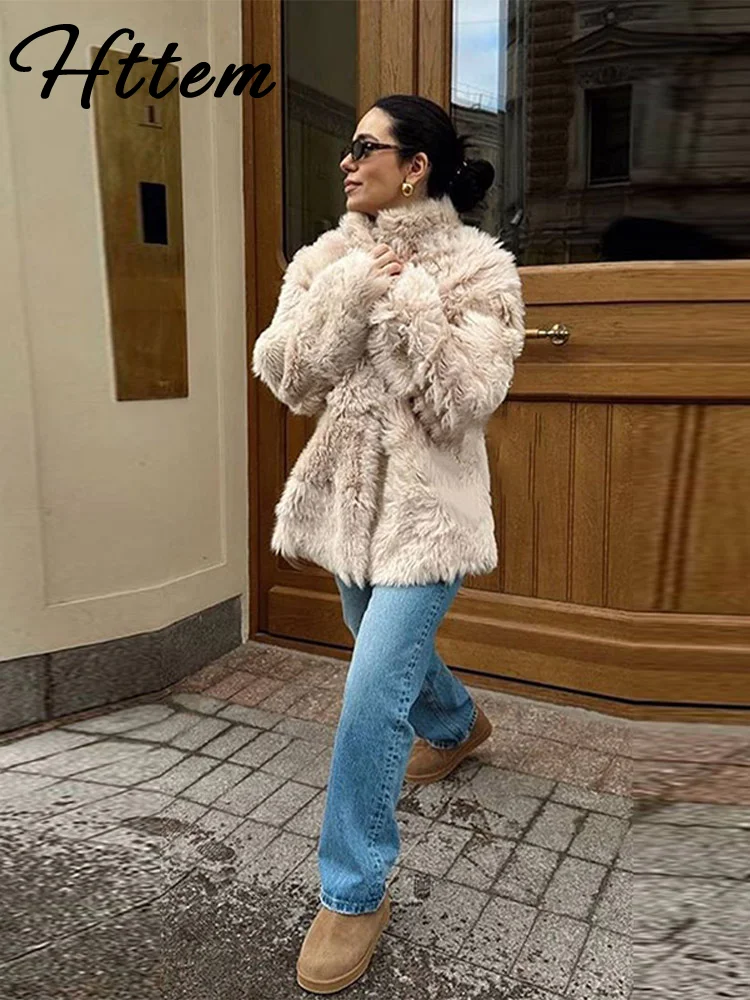 Casual Faux Fur Solid Women Coat Solid Single Breasted Stand Collar Pocket Female Outwear 2025 Autumn Winter Lady Streetwear New