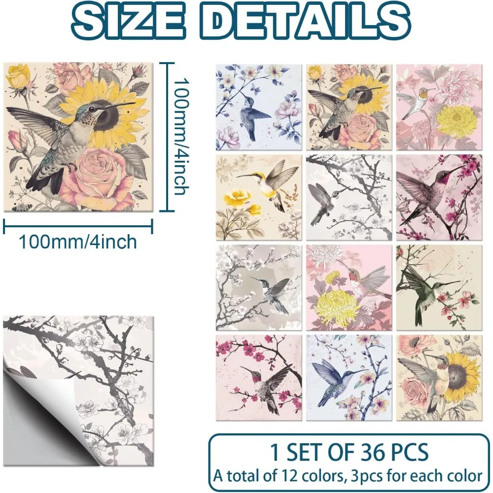 36 шт. наклейки на плитку, цветы колибри, наклейки на настенную плитку, водостойкая самоклеящаяся наклейка на плитку, наклейки
