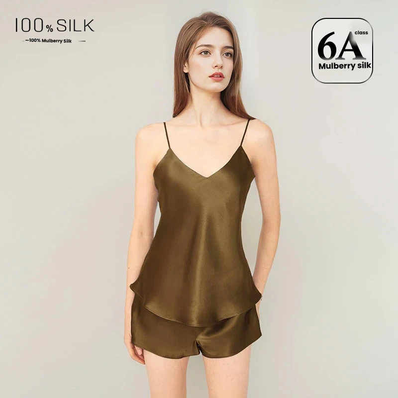 Women 2026 Spring Summer Sexy 100% Mulberry Silk Pajama Set Spaghetti Strap Shorts Luxury Soft Skin Friendly Loungewear