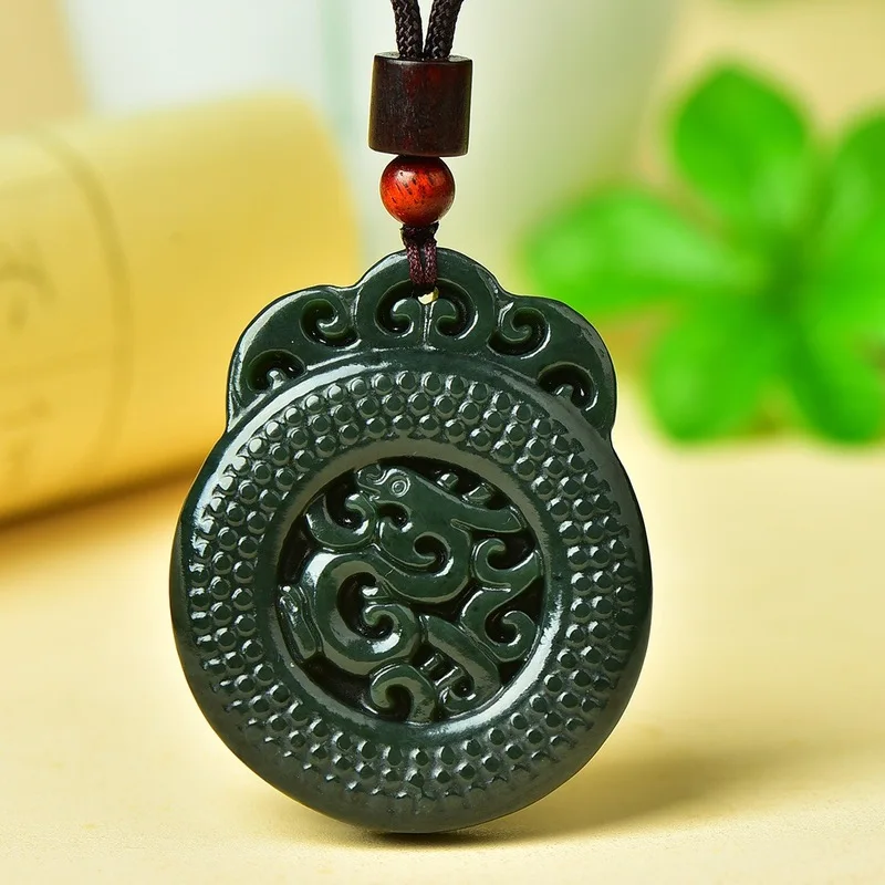 Hetian Green Jade Double-Sided Hollow Antique Pendant Necklace Men And Women