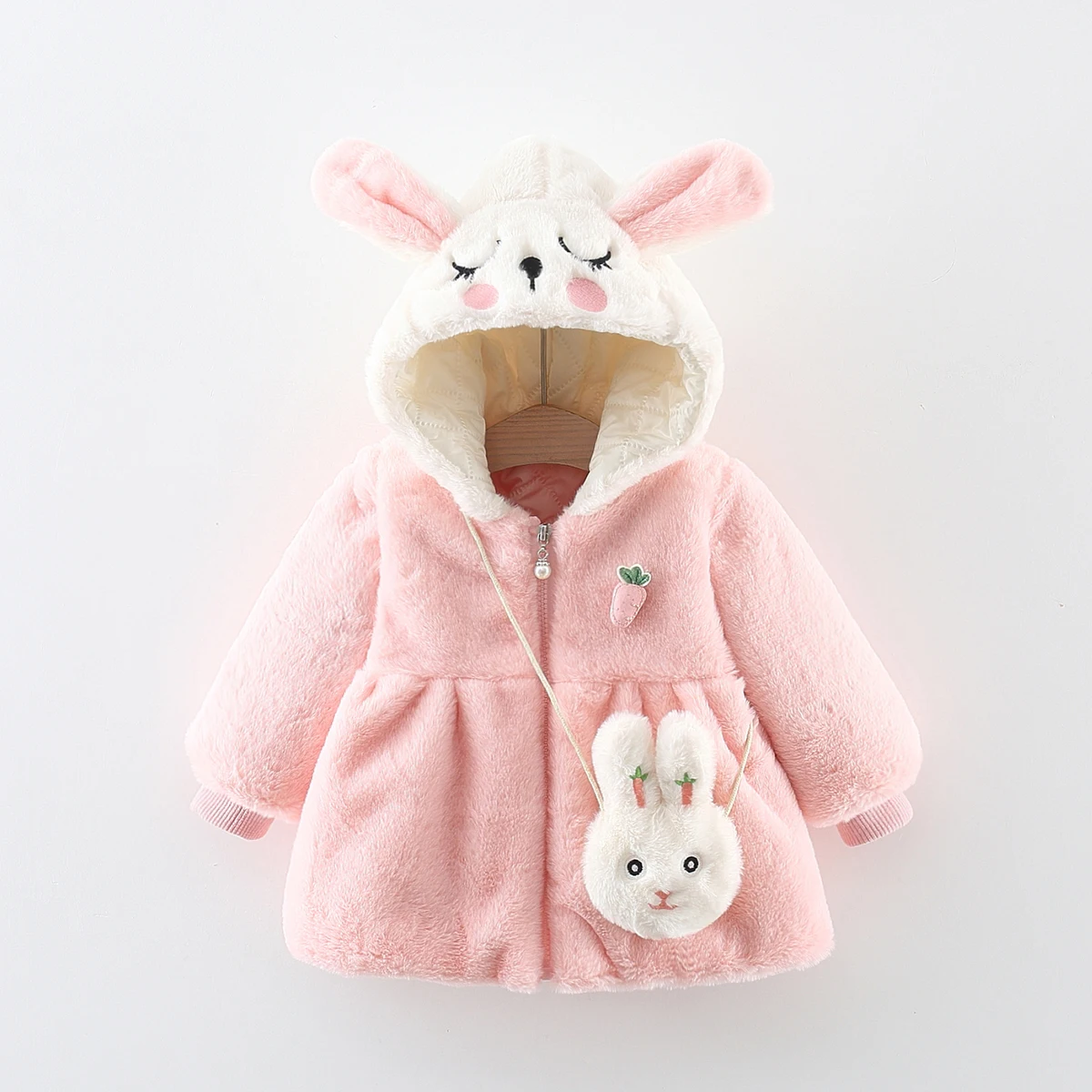 Winter Girls\' Thickened Coat Plush Hooded Newborn Baby Jacket Rabbit Embroidered Baby Girl Cotton Coat Delivery Of Bags