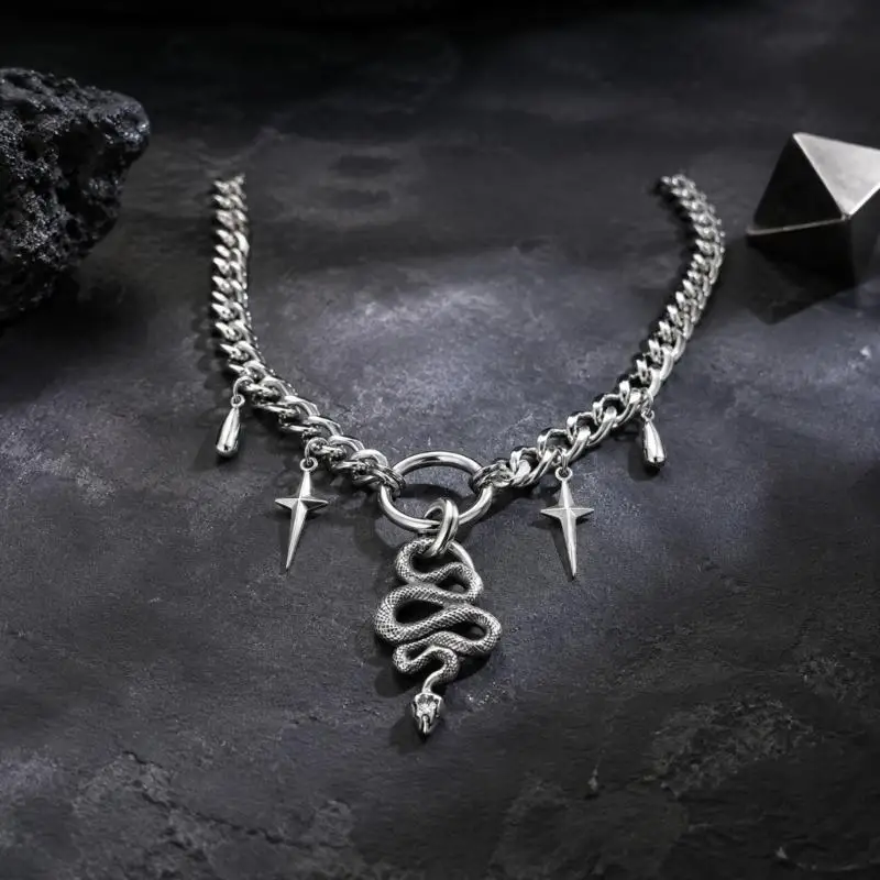R7UF Bold Gothic Necklace with Curb Links Framing a Central Snake Pendant, Teardrop and Pointed Pieces for Coordinated Necklace