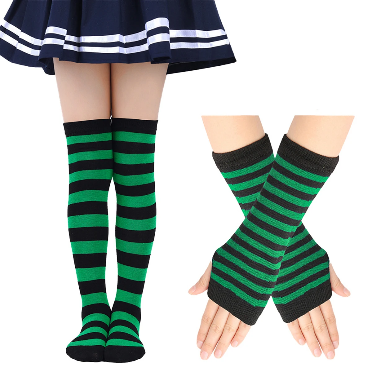 Children Girls Striped Stocking Socks Kids Knee High Socks School Girls Over The Knee Hosiery Arm Warmer Fingerless Gloves Set