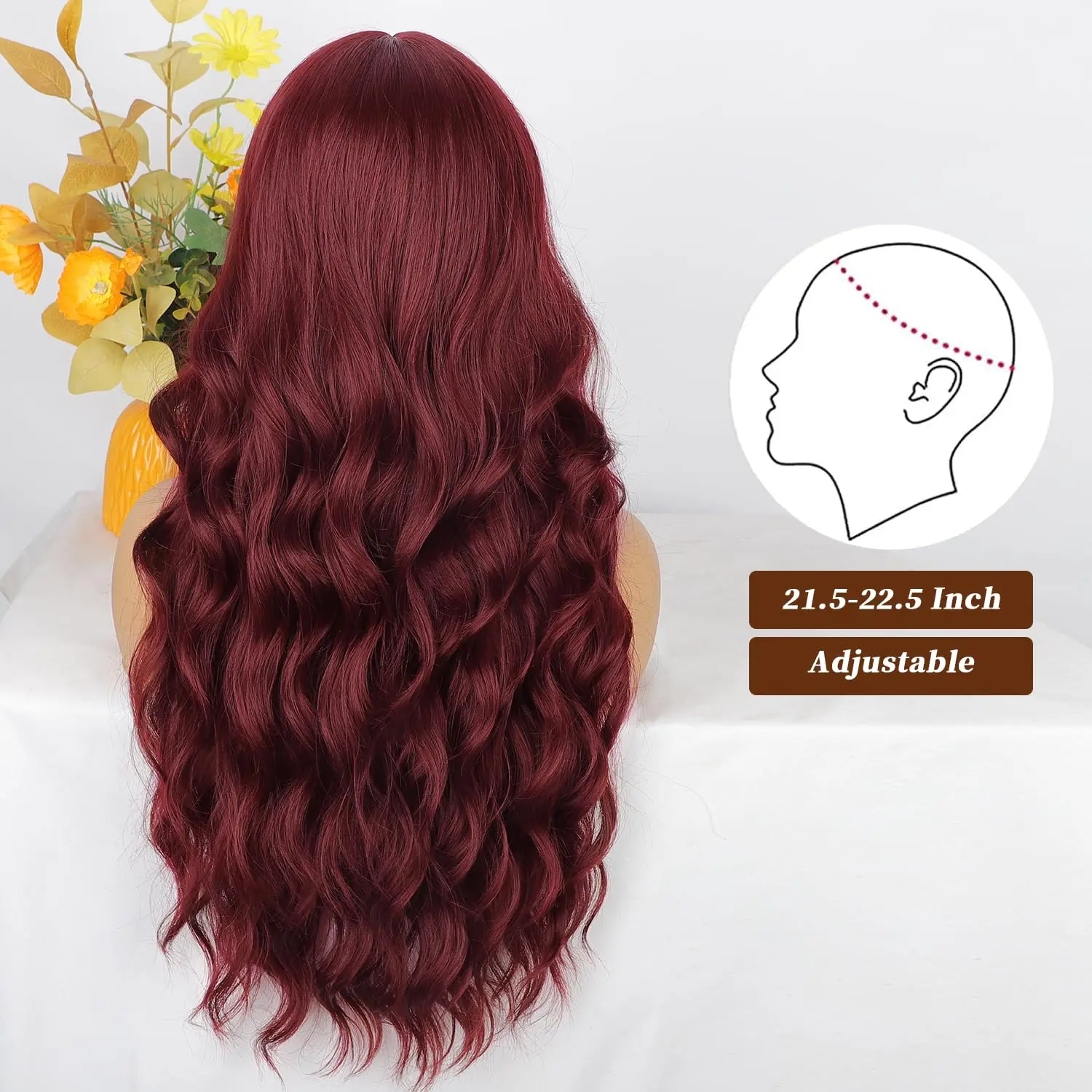 Silky Daily Versatile Style Wine Red Long Natural Wave Synthetic Wig With Bangs Women Stylish heat-resistant fiber  Good Texture