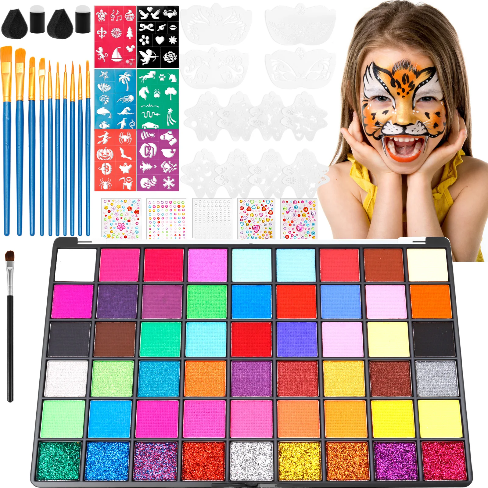15/54 Color Face Painting Kit Water Activated Face Paint Palette Facepaint Makeup Kit with Brush Face Painting Set for Kid Adult