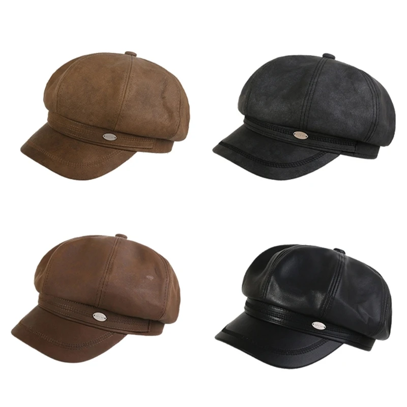 Vintage Hat for Adult Unisex Cabbie Hat Autumn Winter Chauffeur Hat PU Octagonal Caps Casual Headwear Accessories