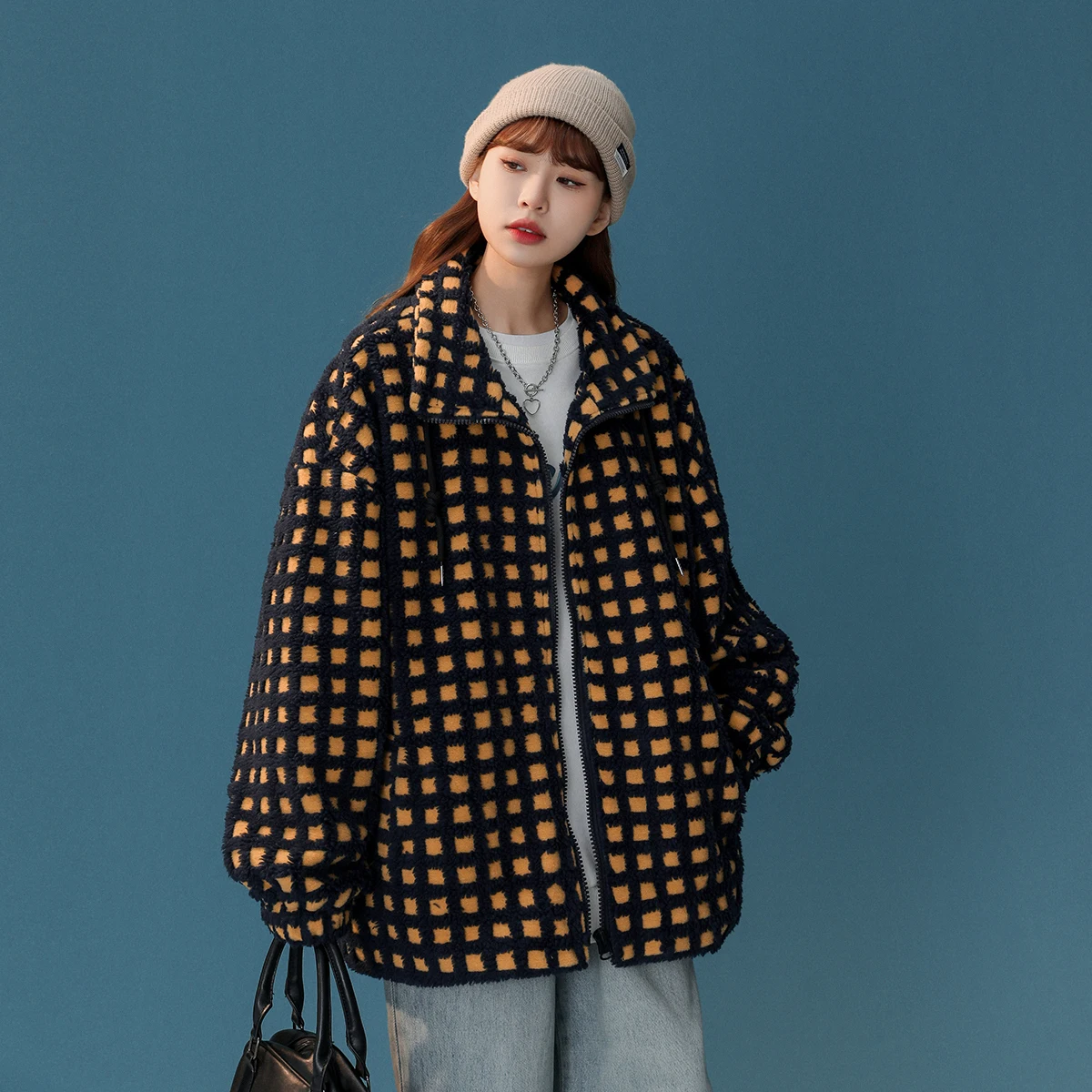 UMI MAO Lamb Fleece Jacket Women Autumn And Winter New Style Checkered And Plush Thickened Warm Women's Cotton Jacket Femme