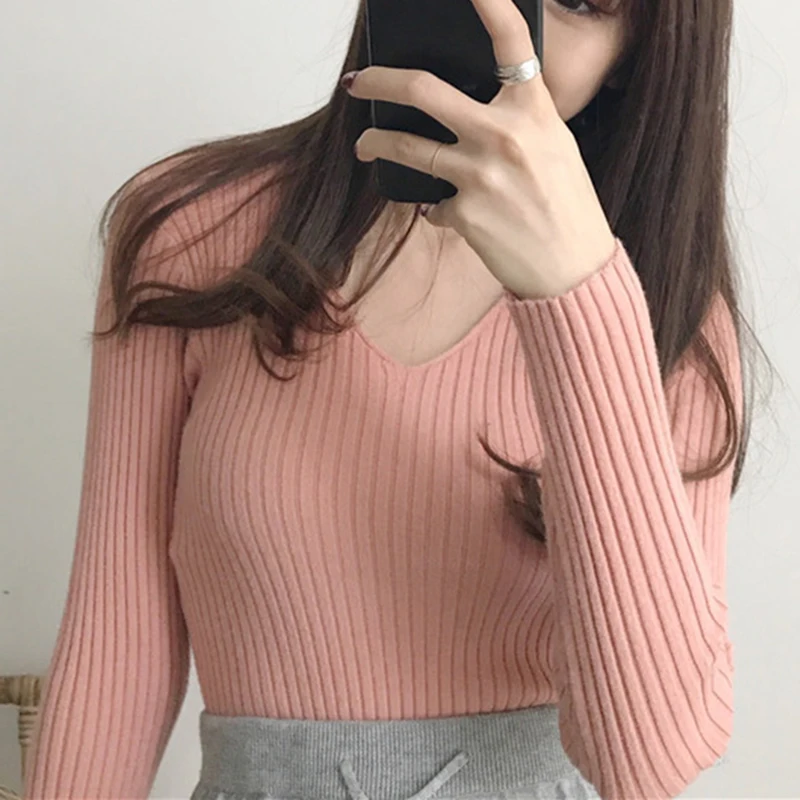 Alobee Autumn Winter Women Sweaters Femme Solid Jersey Tops Casual Long Sleeve Knitted V Neck Pullover Sweater Fashion Clothes