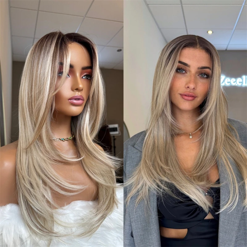 

Party Wig Highlight Blonde Synthetic Lace Wigs for Women 13x4 Balayage Ash Blonde Wig 24 Inch Layered Straight Lace Frontal Wigs