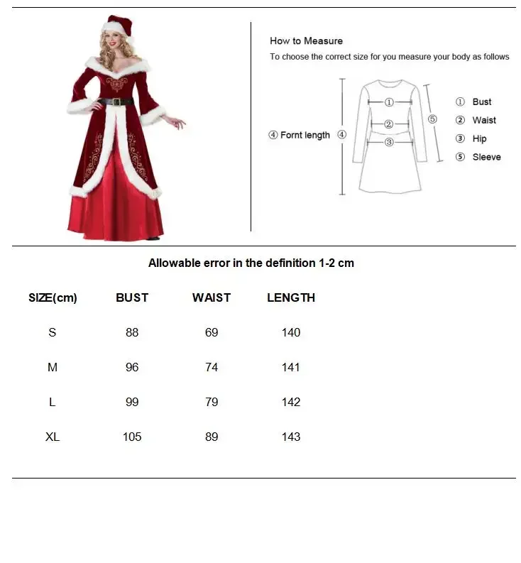 Deluxe Samt Damen Santa Claus Weihnachten Outfit Kostüm Frohe Weihnachten langes Kleid