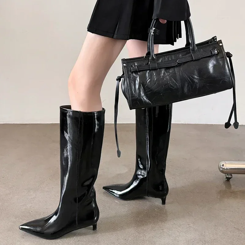 JOZHAMTA Size 34-43 Knee High Boots For Women Genuine Leather Sexy Pointy Kitten Heels Shoes Winter 2025 Wide Calf Long Boots