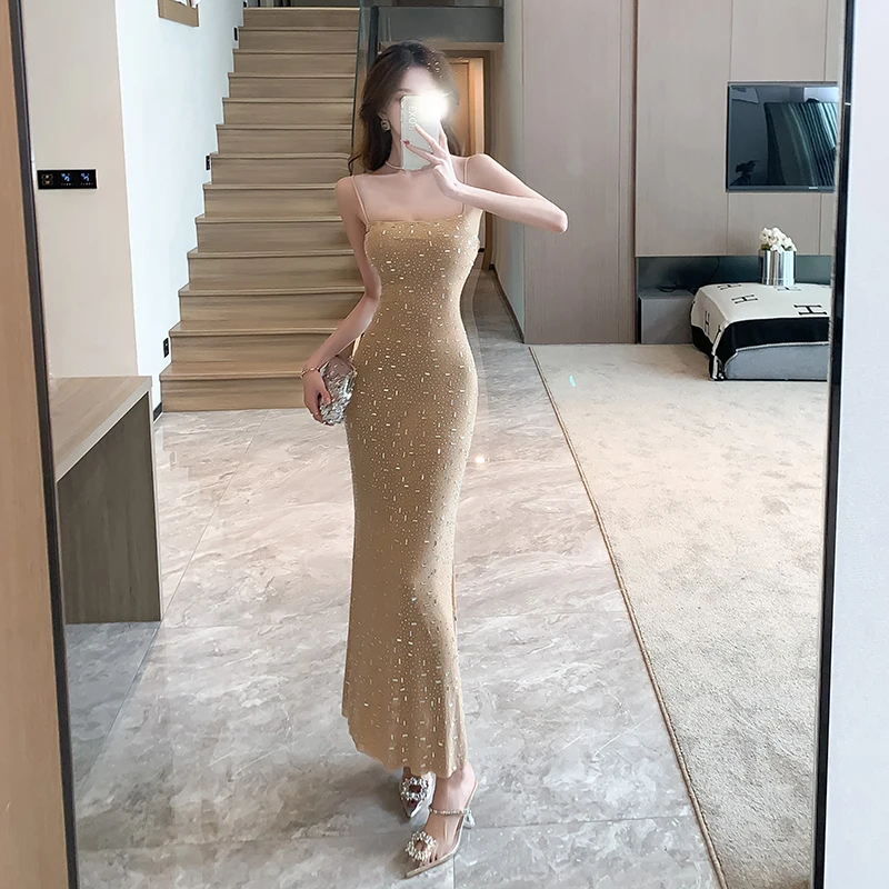 Elegant Evening Party Sequins Long Dresses for Women 2024 Summer Sexy Fashion Casual Bodycon Sleeveless Korean Female Clothing