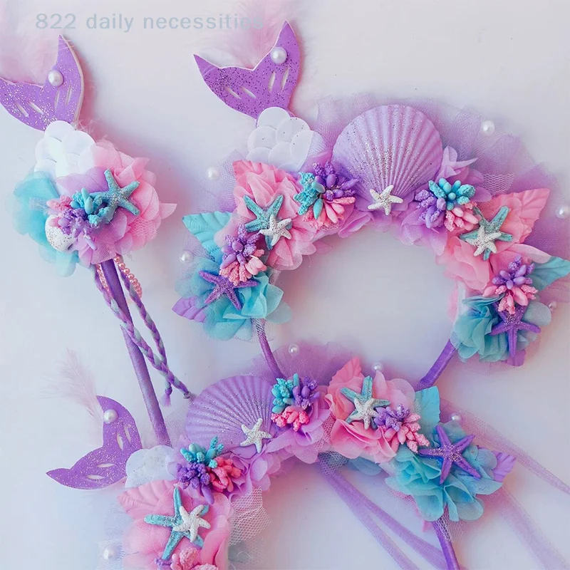 Purple Mermaid Headpiece Kids Hair Hoop Sequins Fairy Princess Angel Wand Sticks Children's Dress Up Headdress Accessories