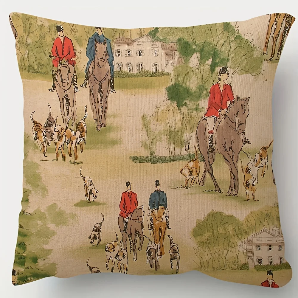 Traditional Horse and Hound Hunting Pillow Case Double-Sided Classic Scenes Decorative Cushion Cover, Vintage Style Home Decor