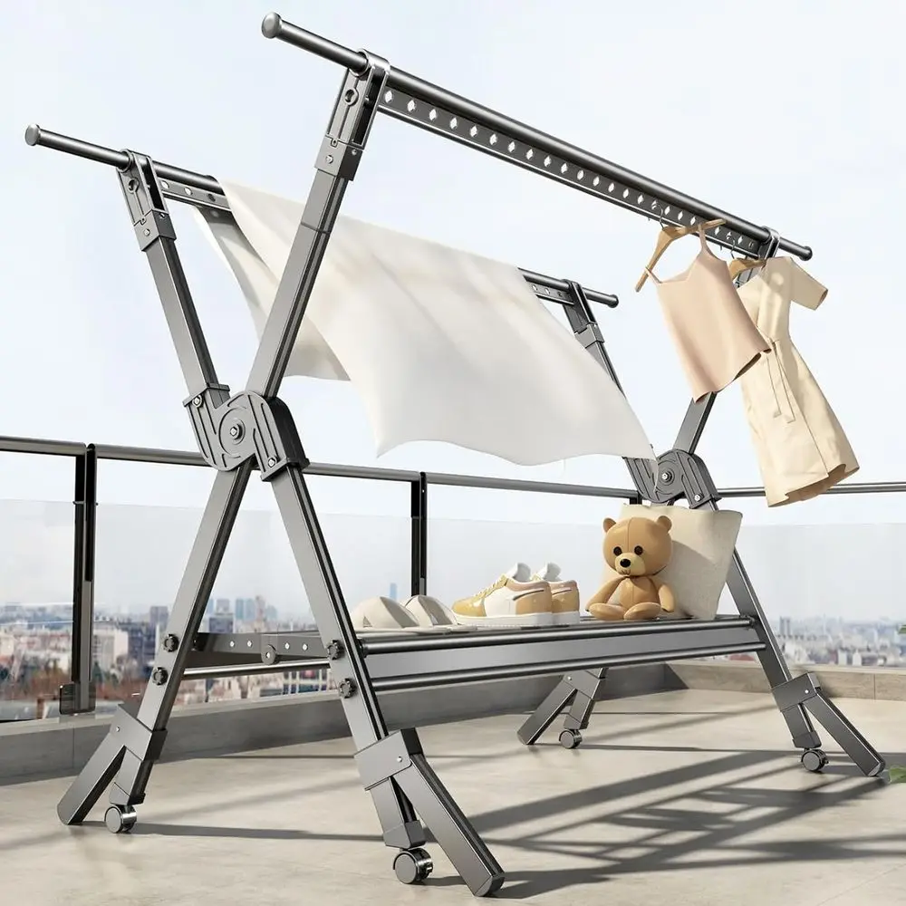 

Складная алюминиевая сушилка для белья с регулируемой высотой, ветрозащитная, экономит место, для стирки, полотенец, постельного белья - серая, 150x240 см