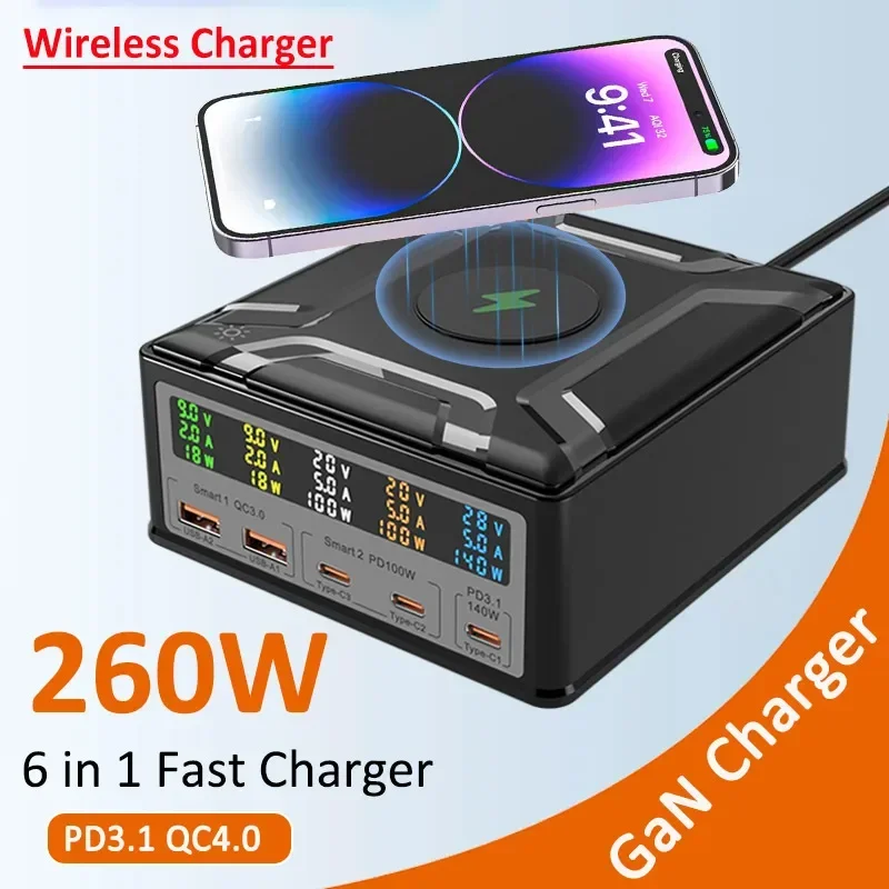 

260W GaN Charger Digital Display Desktop USB Type C Charger PD3.1 140W PPS QC4.0 Quick Charger For MacBook Laptop Tablet Phone