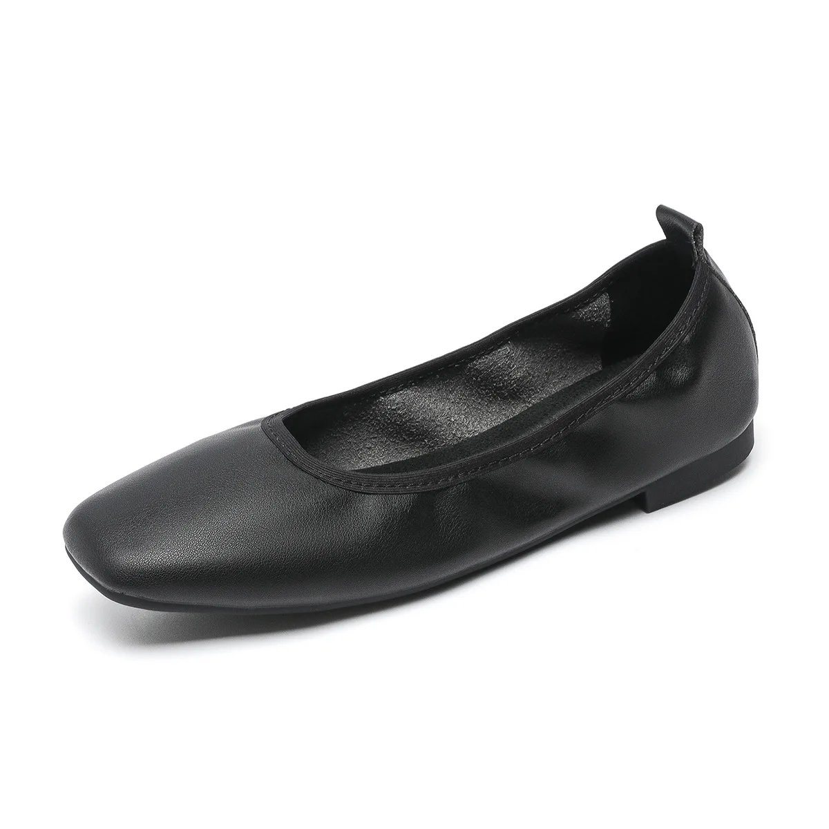 Sapatos de couro preto para mulheres, sapatos únicos com cabeçadas quadradas, fundo plano, trabalho de longa duração, confortável, novo