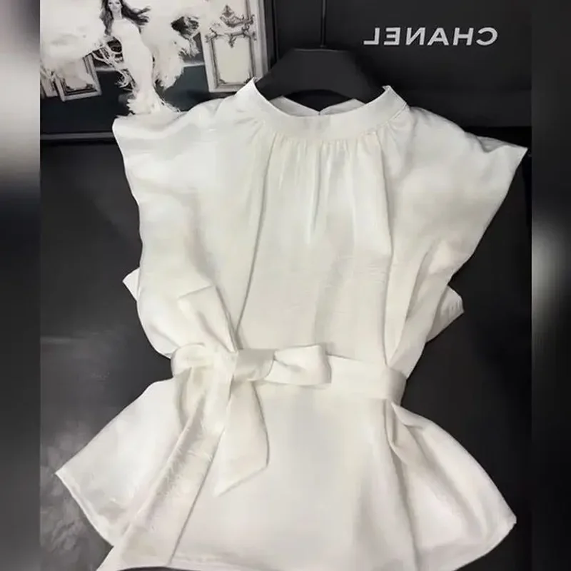 

Simple Office Lady Solid Slim Pullover Tops Advanced French Elegant Chiffon Shirts Europe Hot Sell Lace Up Literary Top