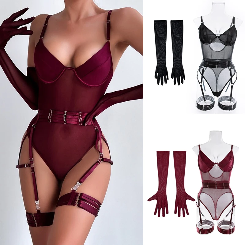 

New Women Mesh Tight Lingerie Sexy See Through Bandage Erotic Bodysuit with Gloves Sheer Corset Garter Night Clubwear Outfit