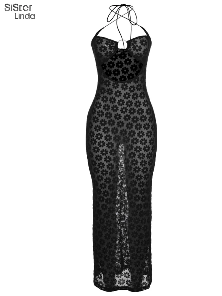 Sisterlinda Kleur Opknoping Hals Halter Mesh Maxi Jurk Vrouwen Mouwloze Lace Up Perspectief Tas Heupen Gewaad Dame Partywear Vestidos