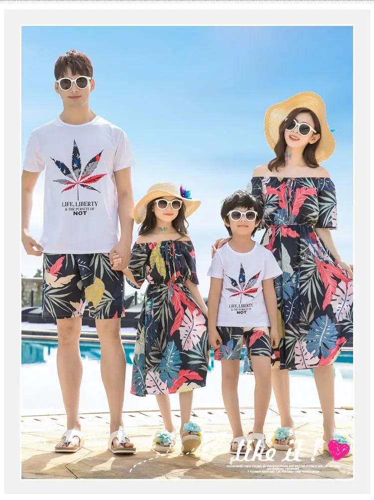 Family Matching Outfits Summer Couple Clothes Leaves Print Men Boys Cotton Short Sleeves T shirt Pants Women Girls Dress SA1388