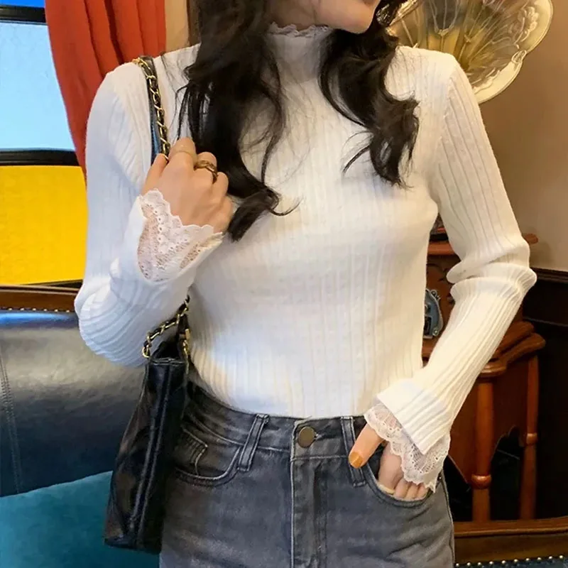 

Knitted Sweater Women Pullovers Mock Neck White Lace Knit Sweater Pullover Women Tops Fashion Long Sleeve Sueters De Mujer Q3359