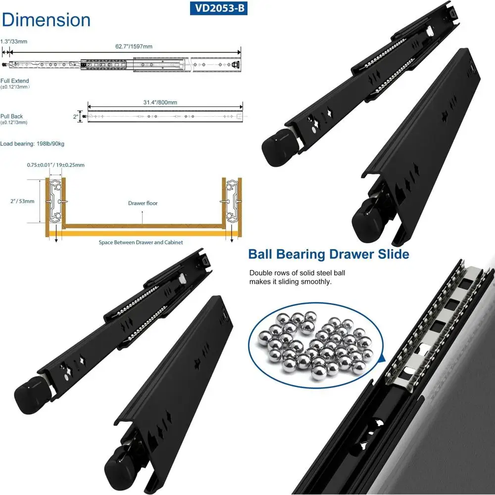 

32 Heavy Duty Detachable 3-Drawer Slide with Ball Bearing Lock System, Black Cold-Rolled Steel, Side Mount