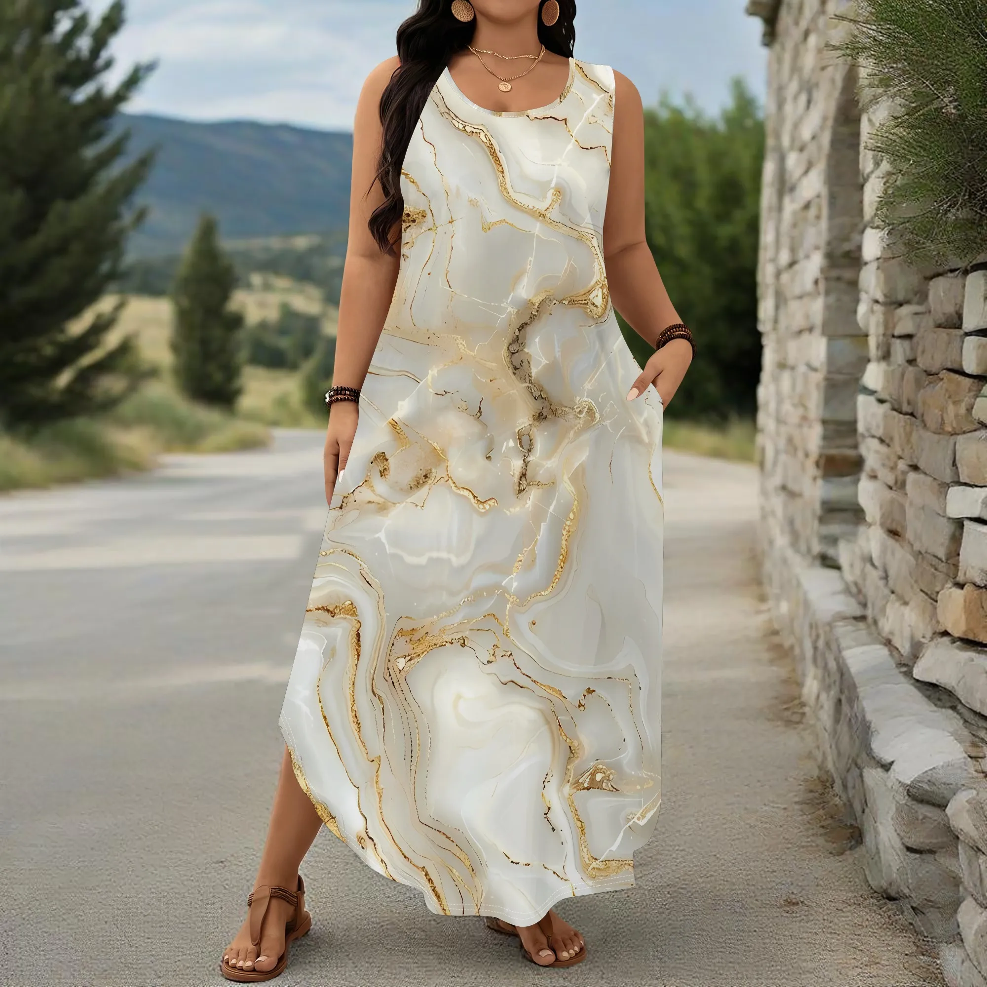 

EQQZD Modern Trendy Sleeveless Wide-Shoulder Strap Dress, Exquisite Marble Pattern Print Maxi Dress for Women
