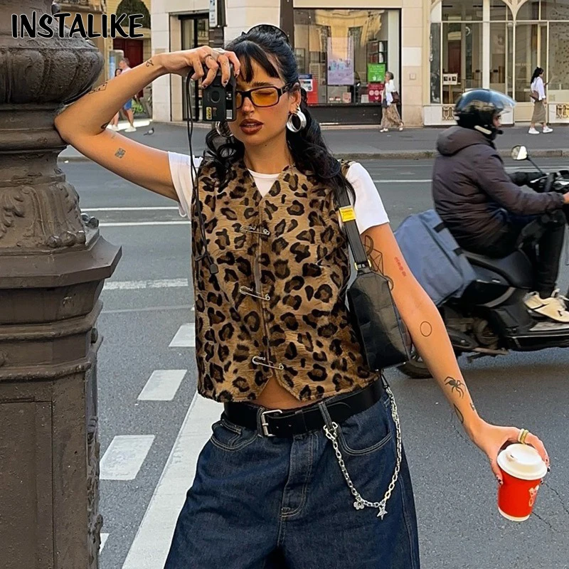 InstaLike-Women Leopard Print Delicate Pin Vest Crop Tops,Summer Y2K Clothes,Sleeveless,V Neck,Sexy Tanks,Aesthetic,2000s,Street