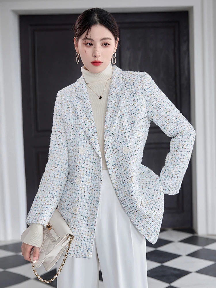 Pink Women tweed Suit Blazer 2023 Fall winter Large size Double breasted Ladies jacket Multicolour Luxury Clothing INKEO 3O100