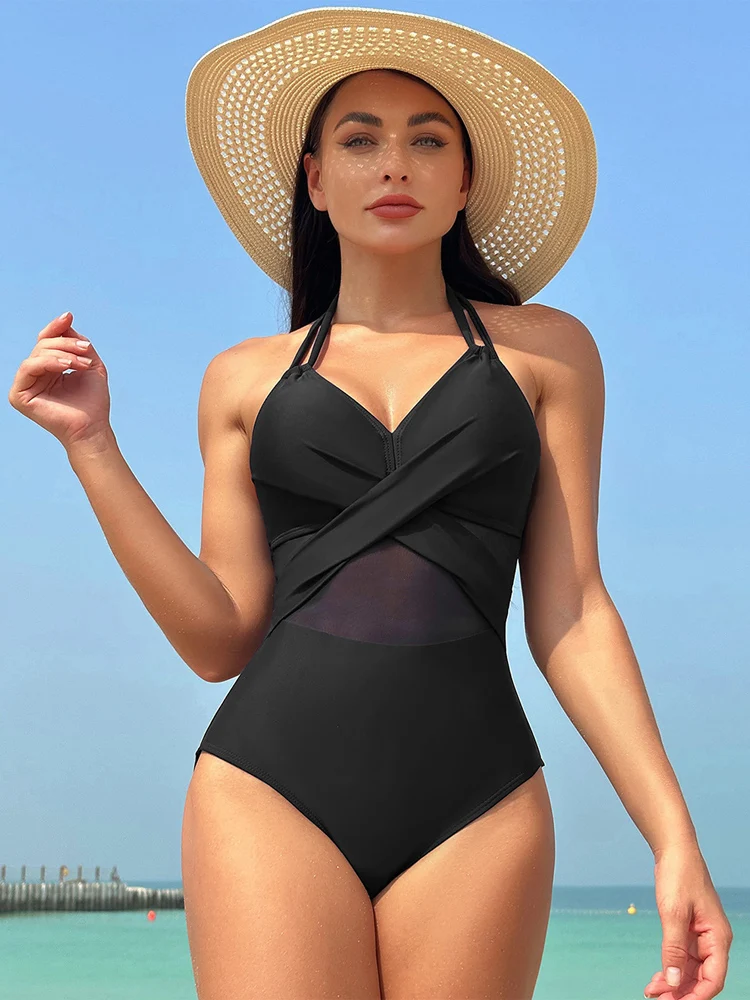 Solid Color Hanging Neck One Piece Swimsuits 2023 Woman Sexy Mesh Bikini Swimwear High Waisted Backless Brazilian Beach Outfit