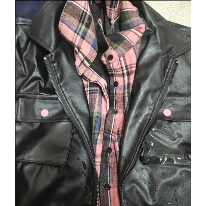 Spring and Autumn New Design Sense Splicing Plaid Leather Jacket Cardigan Jacket + Meat-covering Pleated Skirt Two-piece Set