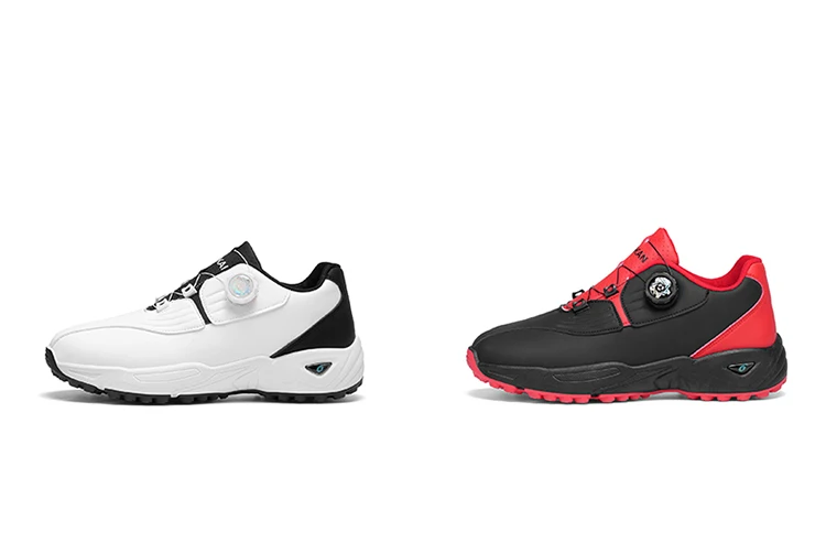 Herren Golfschuhe mit Drehverschluss und Spikes, Wasserdichtes Leder, Rutschfeste Outdoor-Sportschuhe in Weiß, Schwarz und Rot – Detail 2