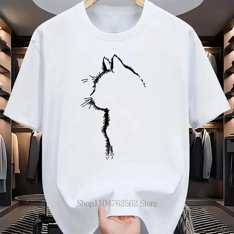 Line Cat Pattern Print T-shirts for Women Summer Casual Fashion Korean Style Tops Comfort Loose Crew Neck Short Sleeve Tees