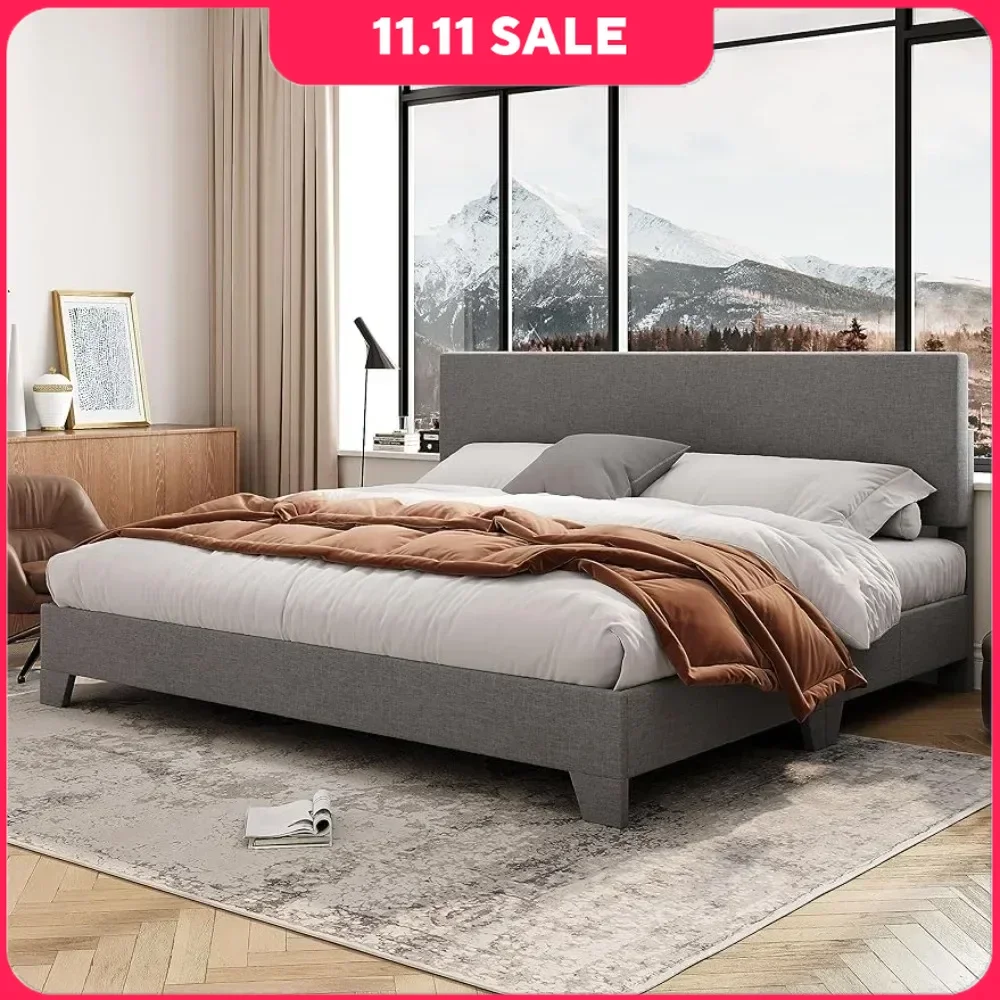 King Size Platform Bed Frame With Adjustable Upholstered Headboard Easy Assembly Heavy Duty Mattress Foundation Noise-Free Home