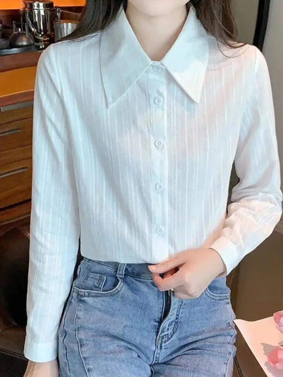 2025年春秋新作-長袖コットンブレンドシャツ-スタイリッシュな折り返し襟-韓国風-おしゃれな耳カバーアクセサリー