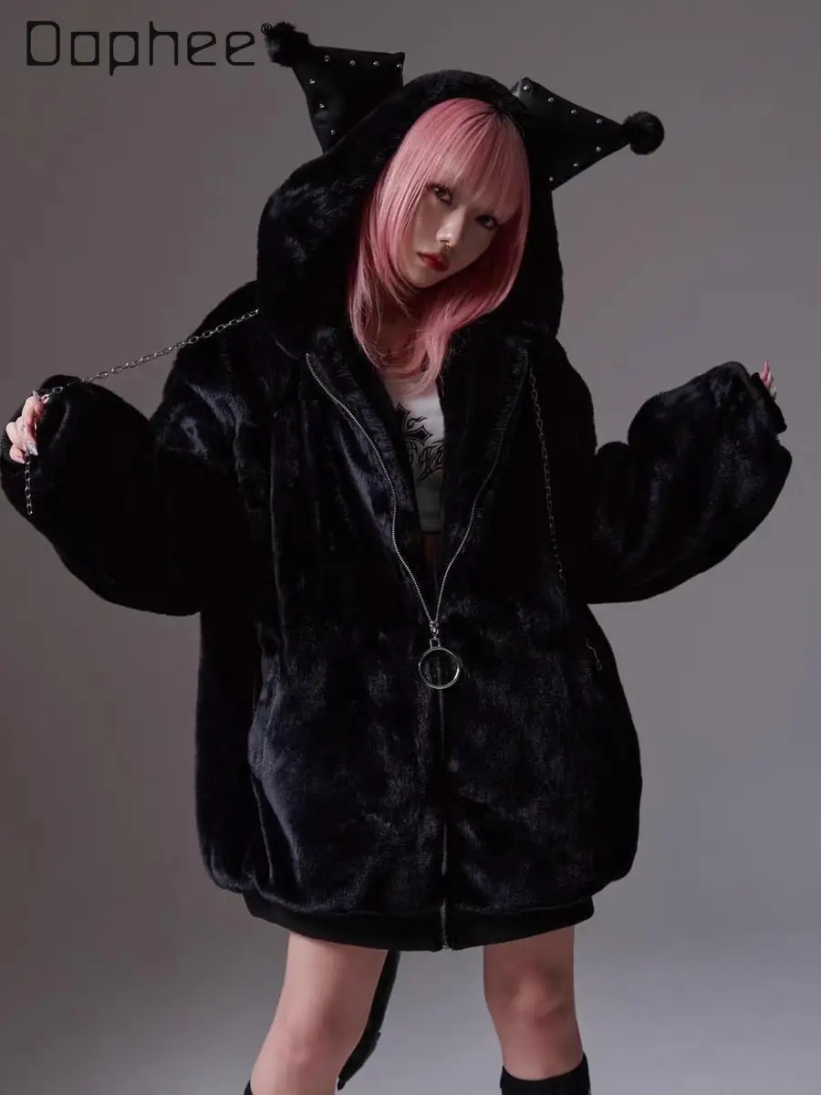 Harajuku Subkultur Anime Plüsch Jacke Nette Ohr Mit Kapuze Verdickte Warme Faux Pelz Jacken Japanische Mädchen Übergroße Jacke Frauen
