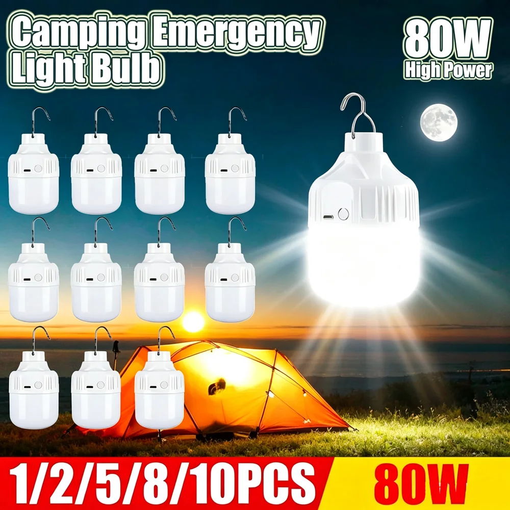 1‑10Pcs USB Rechargeable LED Camping Light Bulb Portable Hanging Hook Emergency Lamp for Tent Camping Fishing Market Stall Power