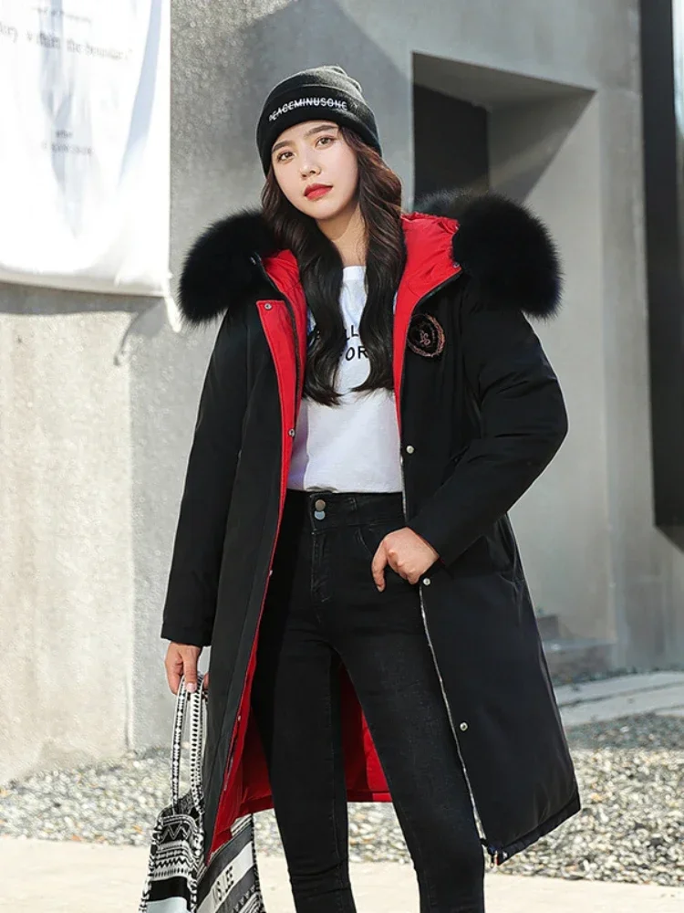 Winter Fashion Hooded Big Fur Collar Padded Long Parkas Down Cotton Warm Coat Waterproof Windbreaker Jacket Wear On Both Sides