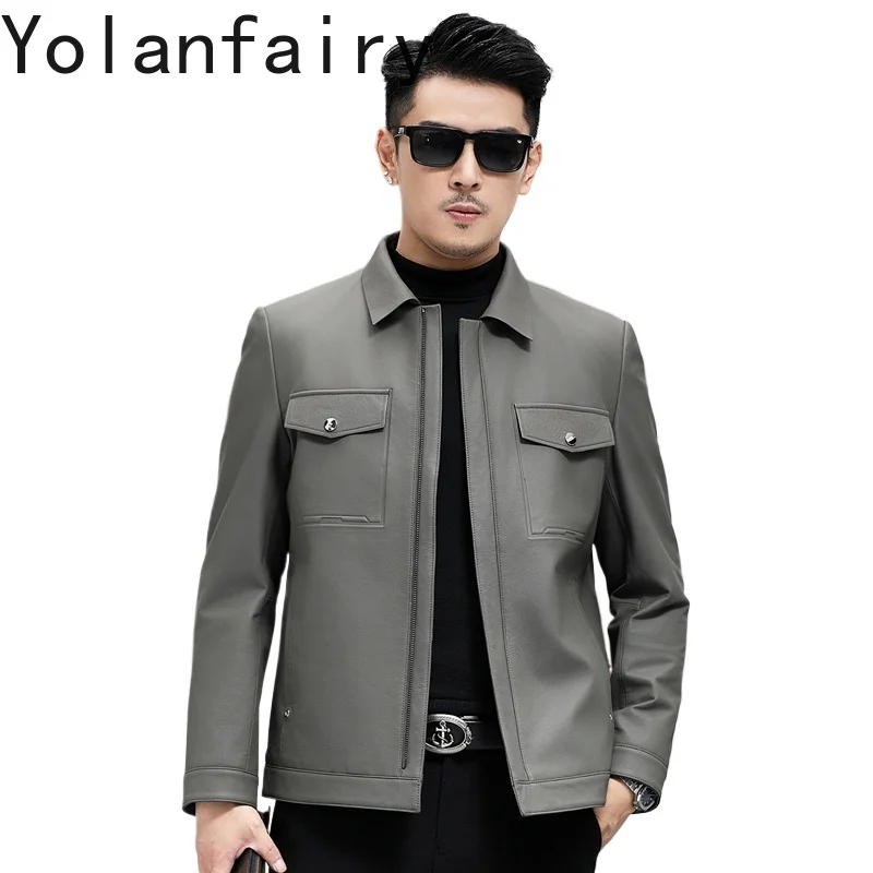 

YOLANFAIRY, новые осенне-зимние куртки из воловьей кожи с верхним слоем, мужские повседневные короткие куртки с лацканами из 100% натуральной кожи, мужское серое пальто