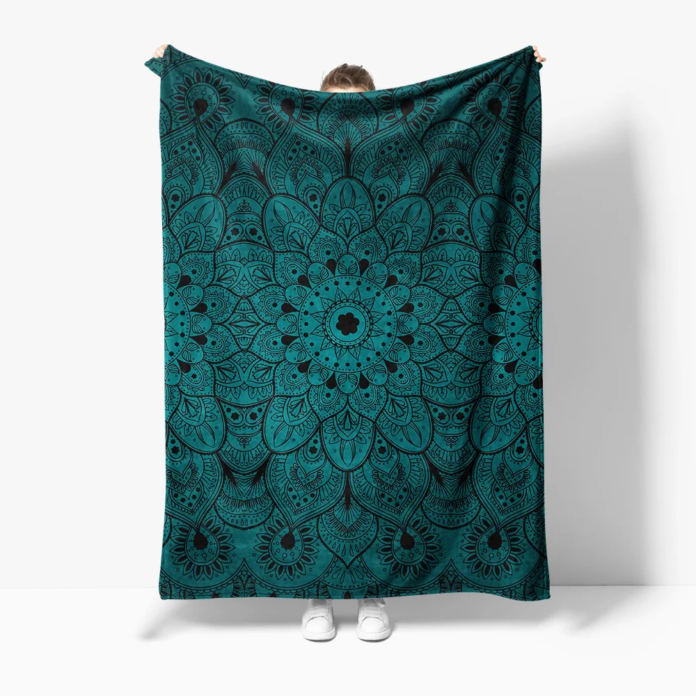 

Boho Mandala Fleece Blanket Dark Teal Black Paisley Tribal Print Throw Soft Warm Cozy Decorative Bed Blanket