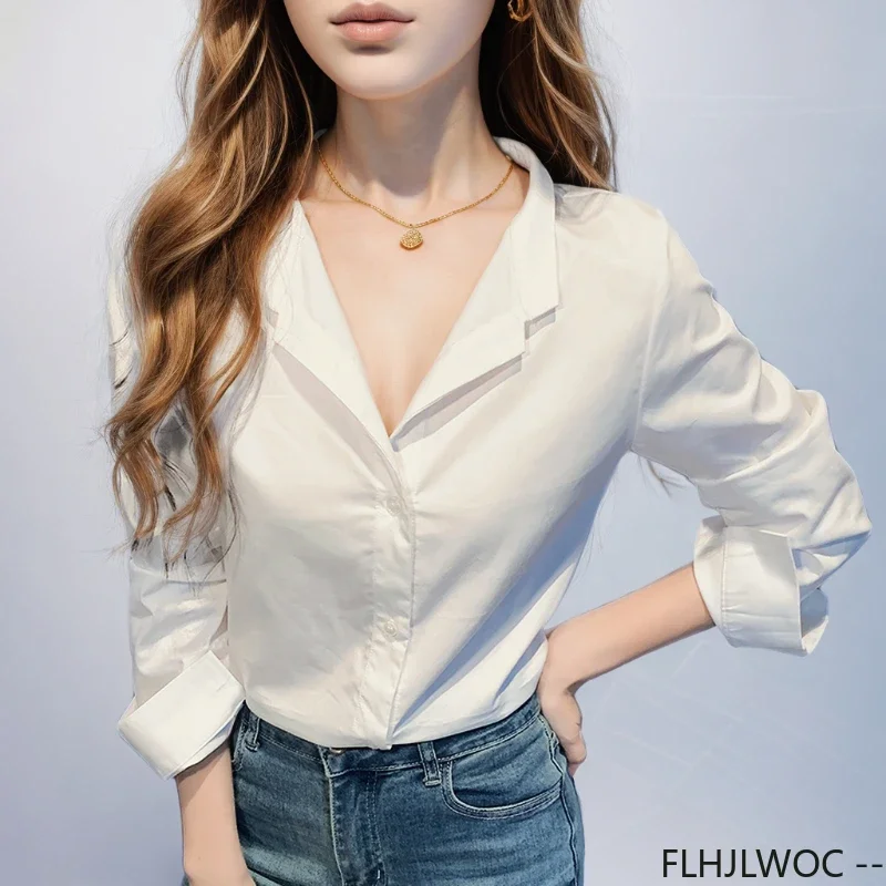 

Cotton Tops Blouses Office Lady Fashion French Design Women Long Sleeve Basic Wear Cute Korea Girls Work Button White Shirts
