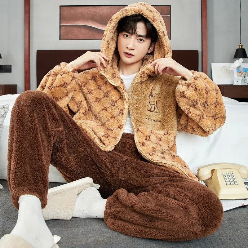 Men\'s Winter Pajamas Warm Sleepwear Home Suit Coral Fleece Autumn Plush Thicken Zipper Homewear Hooded Pajamas Sets Home Clothes