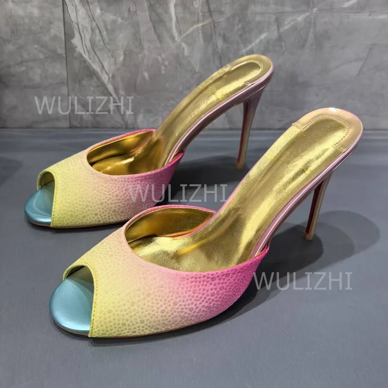 Light Gold Pink Crystal Peep Toe Slippers for Girls Cute Purple Elegant Sandals Summer Beach Women Sandals Gold Insole Red Shoes