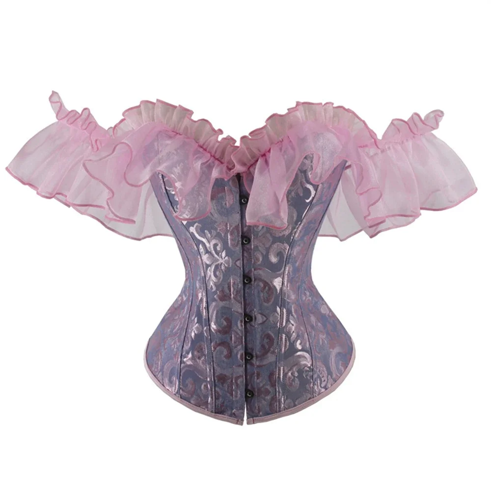 Sexy Gothic Corset Top Women Off Shoulder Ruffles Corsets Lace Floral Burlesque Overbust Corselet Shapewear